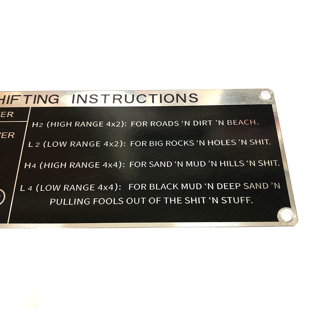 GEAR SHIFTING INSTRUCTIONS PLACARD : 40-SERIES LAND CRUISER (4-SPEED) (FUNNY VERSION)