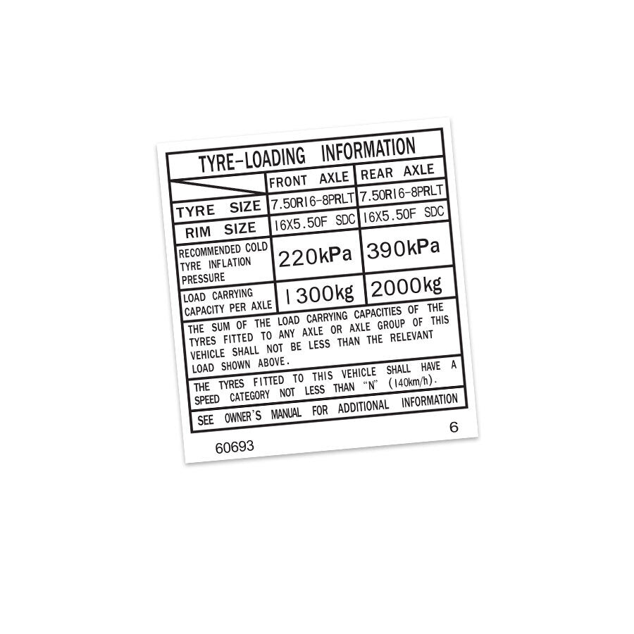 TYRE INFORMATION PLACARD DECAL : J75 TROOP CARRIER TOYOTA LAND CRUISER (#60693)