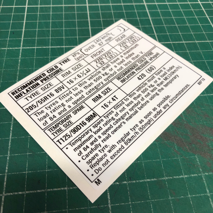 TYRE INFORMATION PLACARD DECAL : NISSAN SILVIA (S15)