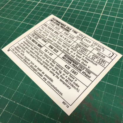 TYRE INFORMATION PLACARD DECAL : NISSAN SILVIA (S15)