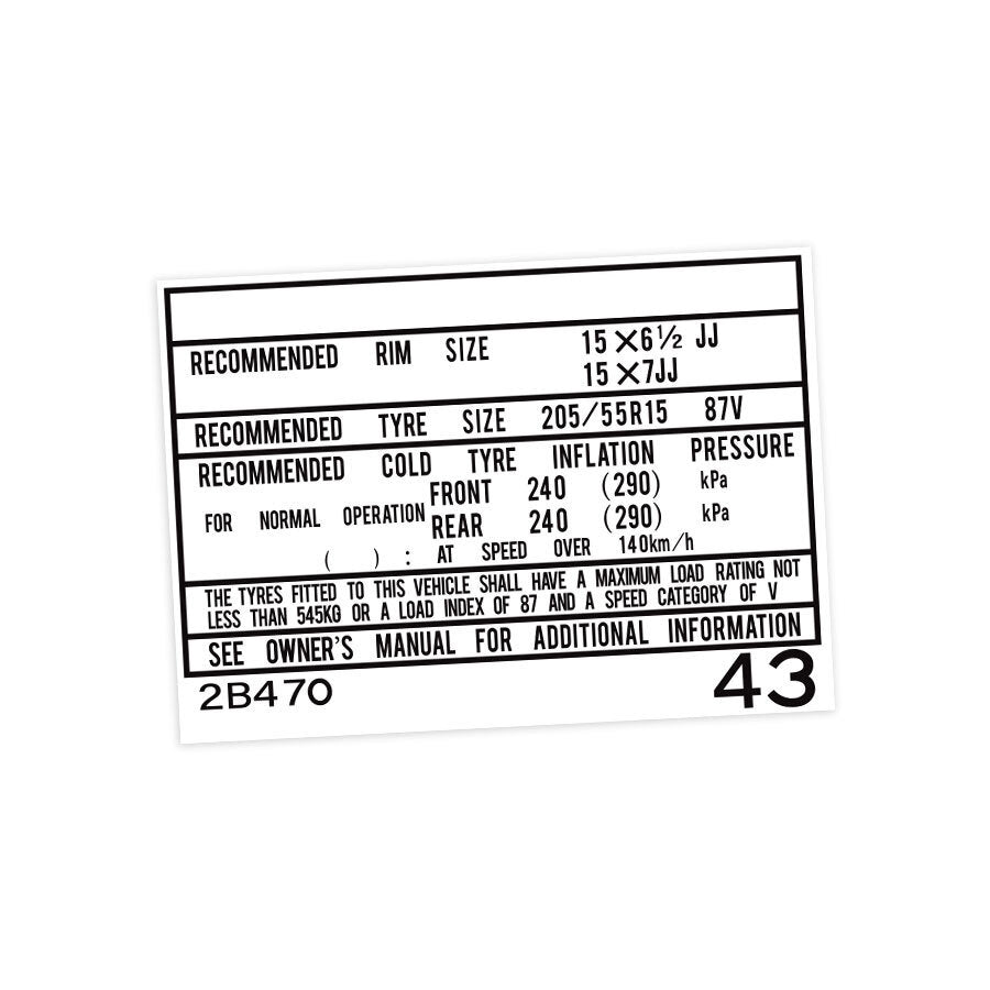 TYRE INFORMATION PLACARD TOYOTA CELICA (ST204)