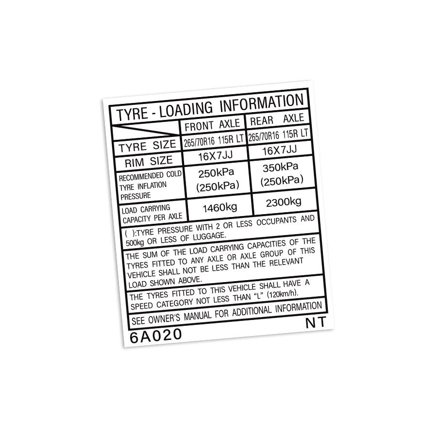 TYRE INFORMATION PLACARD DECAL : J79 UTILITY TOYOTA LAND CRUISER (#6A020)