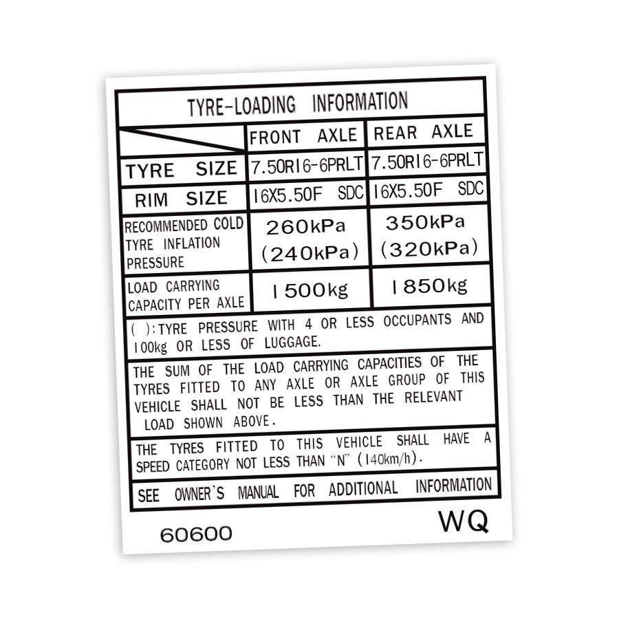 TYRE INFORMATION PLACARD DECAL : 80-SERIES TOYOTA LAND CRUISER (#60600)